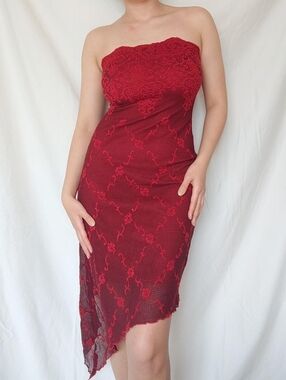 Vintage Red and Black Strapless Assymetrical Dress